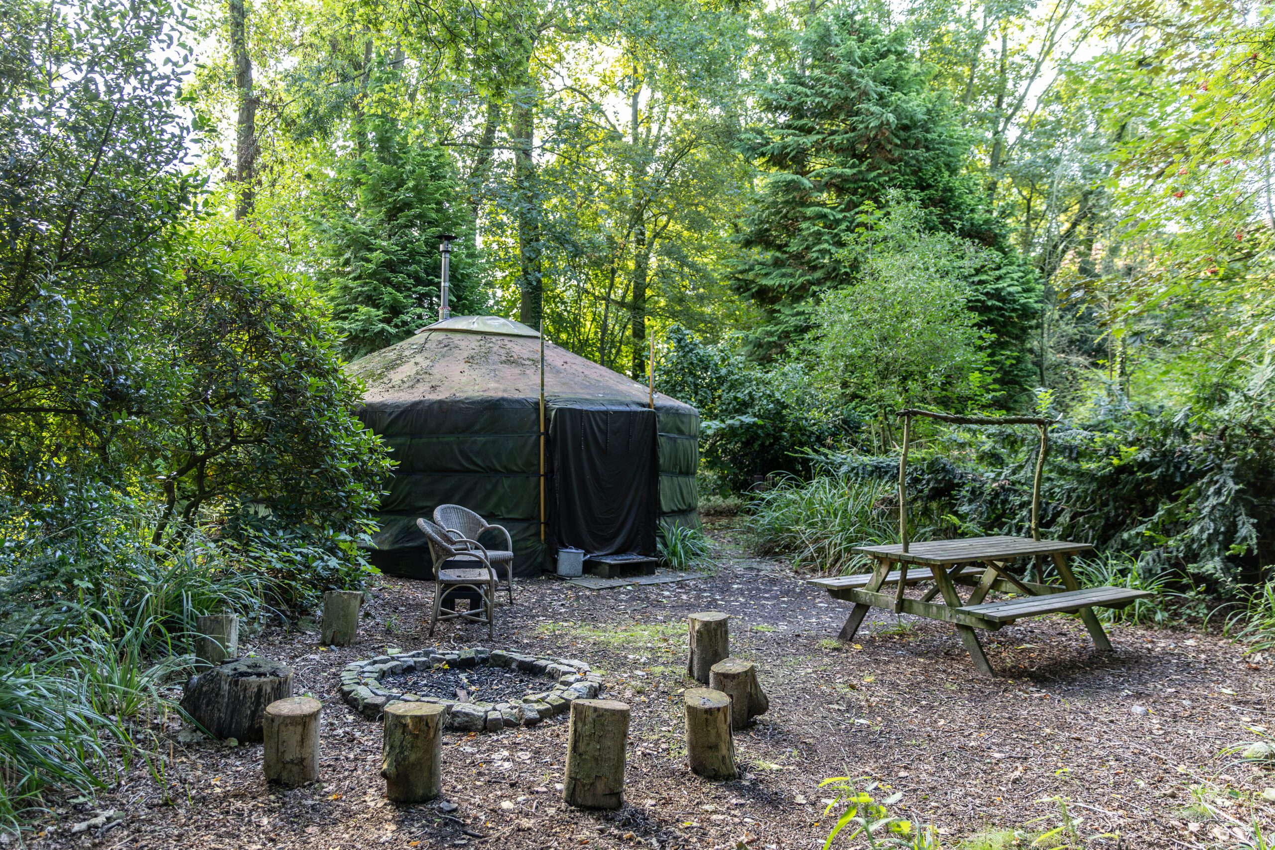 De vaste vuurplek in het bos, met stoelen eromheen, waar de groep samenkomt